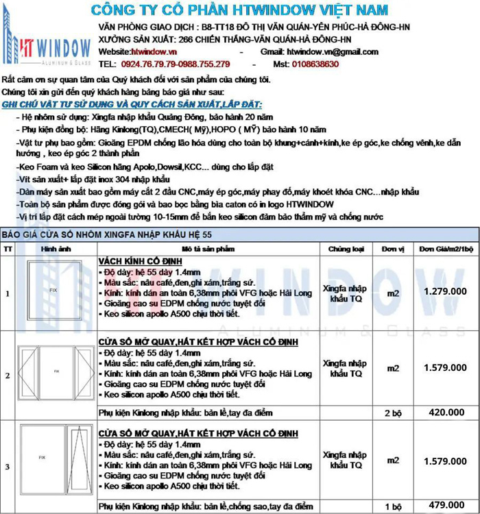 BÁO GIÁ CỬA NHÔM XINGFA NHẬP KHẨU