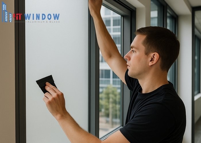 Đặt miếng gạt tại vị trí trung tâm của tấm decal và đẩy một lực vừa đủ hướng ra các mép trái và phải
