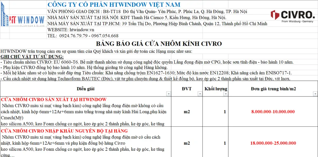 BÁO GIÁ CỬA NHÔM CAO CẤP