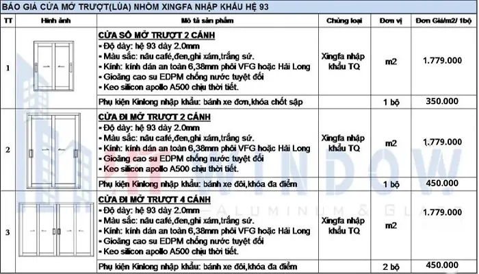 BÁO GIÁ CỬA NHÔM XINGFA NHẬP KHẨU