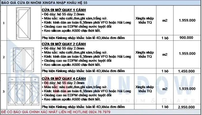 BÁO GIÁ CỬA NHÔM XINGFA NHẬP KHẨU