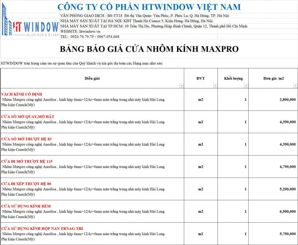 BÁO GIÁ CỬA NHÔM CAO CẤP