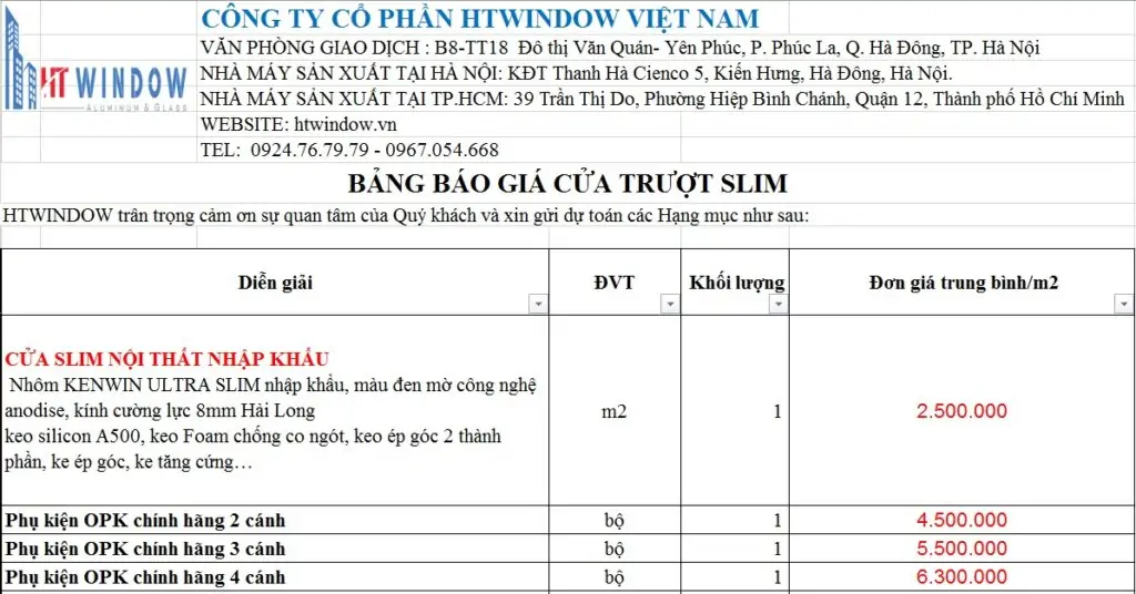 BÁO GIÁ CỬA NHÔM SLIM TRƯỢT